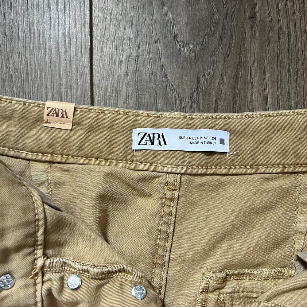 Zara High Waist Khaki Cargo Pants Button Fly Womens 2 - Picture 2 of 5
